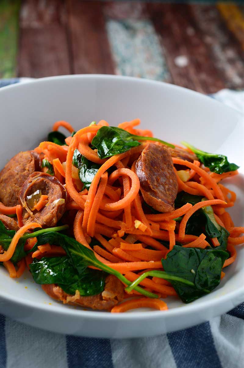 Sweet Potato Noodles with Linguica & Spinach