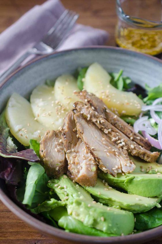 A sweet and savory Teriyaki Chicken Salad is chock full of pineapple, avocado, shallots and Johnsonville Flame Grilled Teriyaki Chicken.
