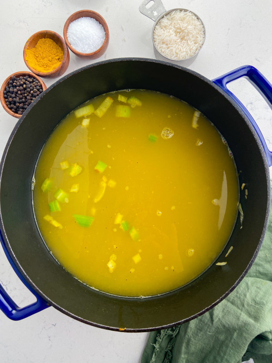 Turkey curry soup in pot. 