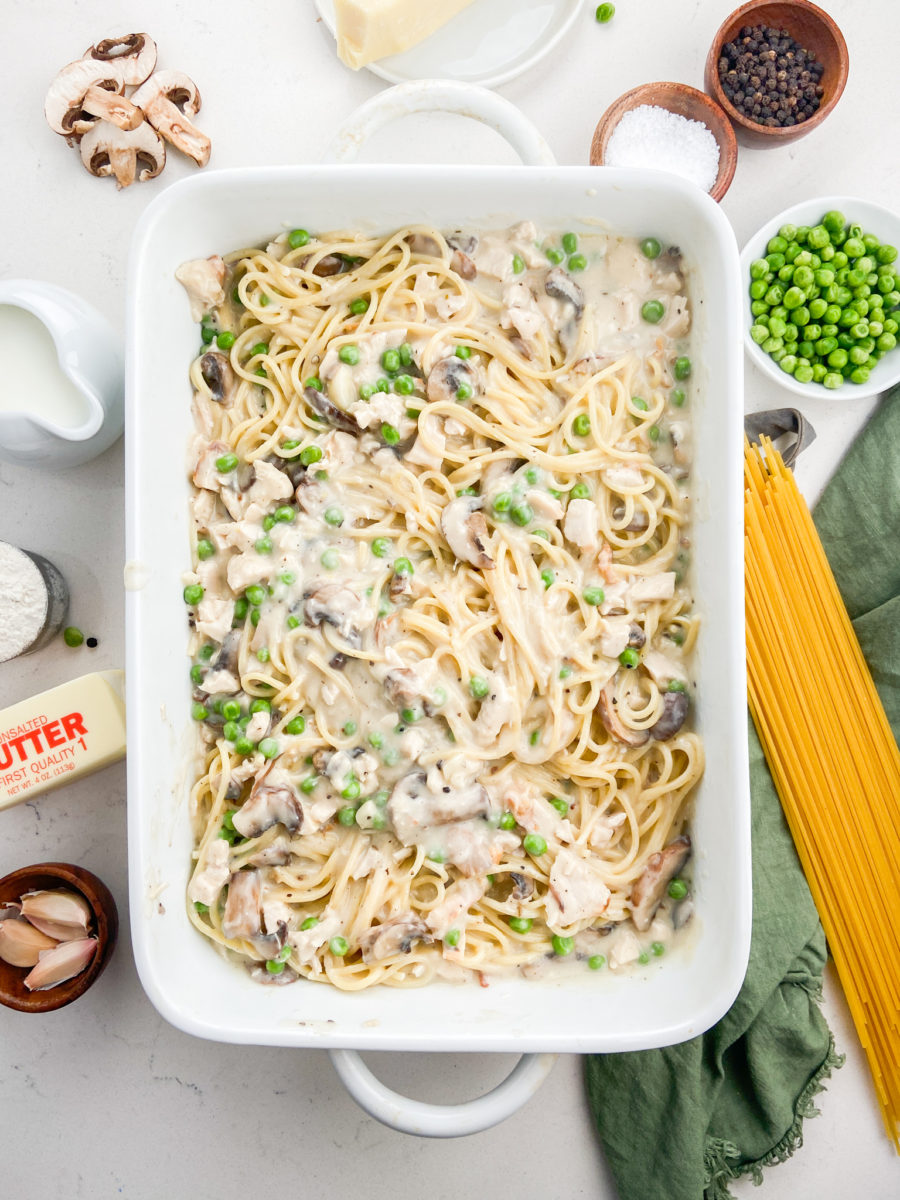 Turkey tetrazzini in a casserole dish. 