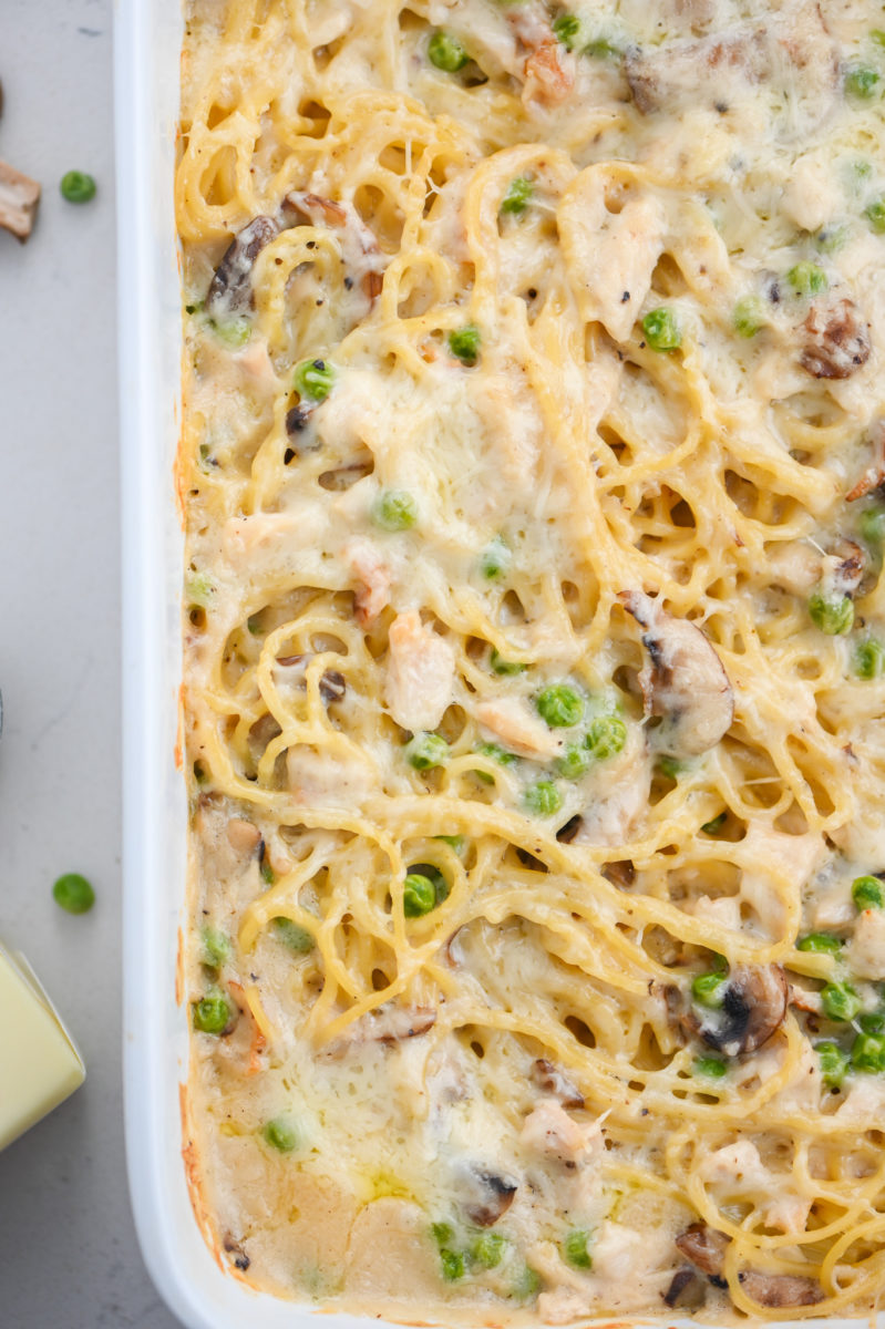 Turkey Tetrazzini in a casserole dish. 