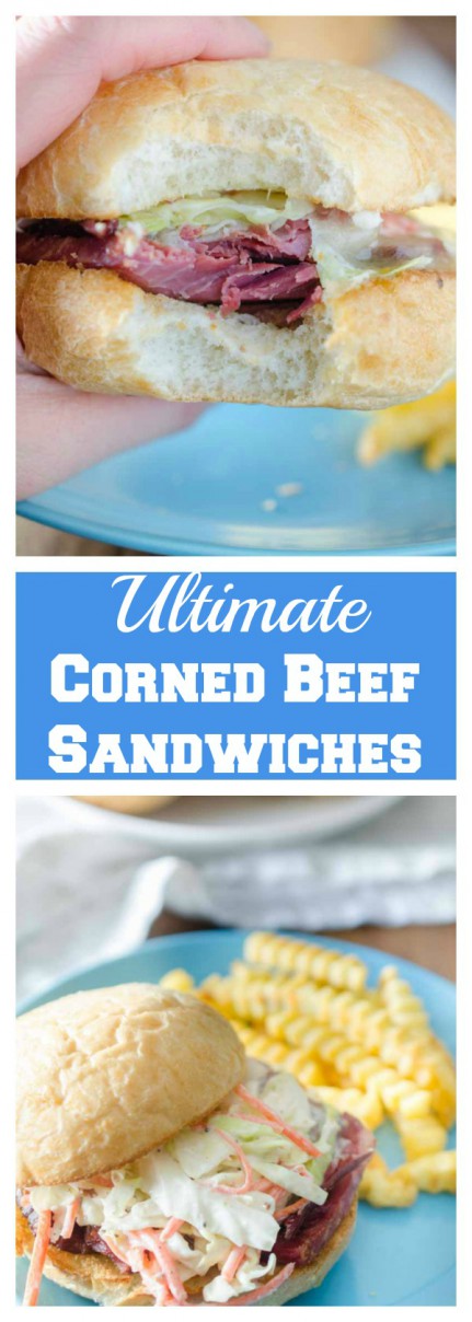 Ultimate Corned Beef Sandwiches topped with melted Swiss cheese and a creamy horseradish slaw.
