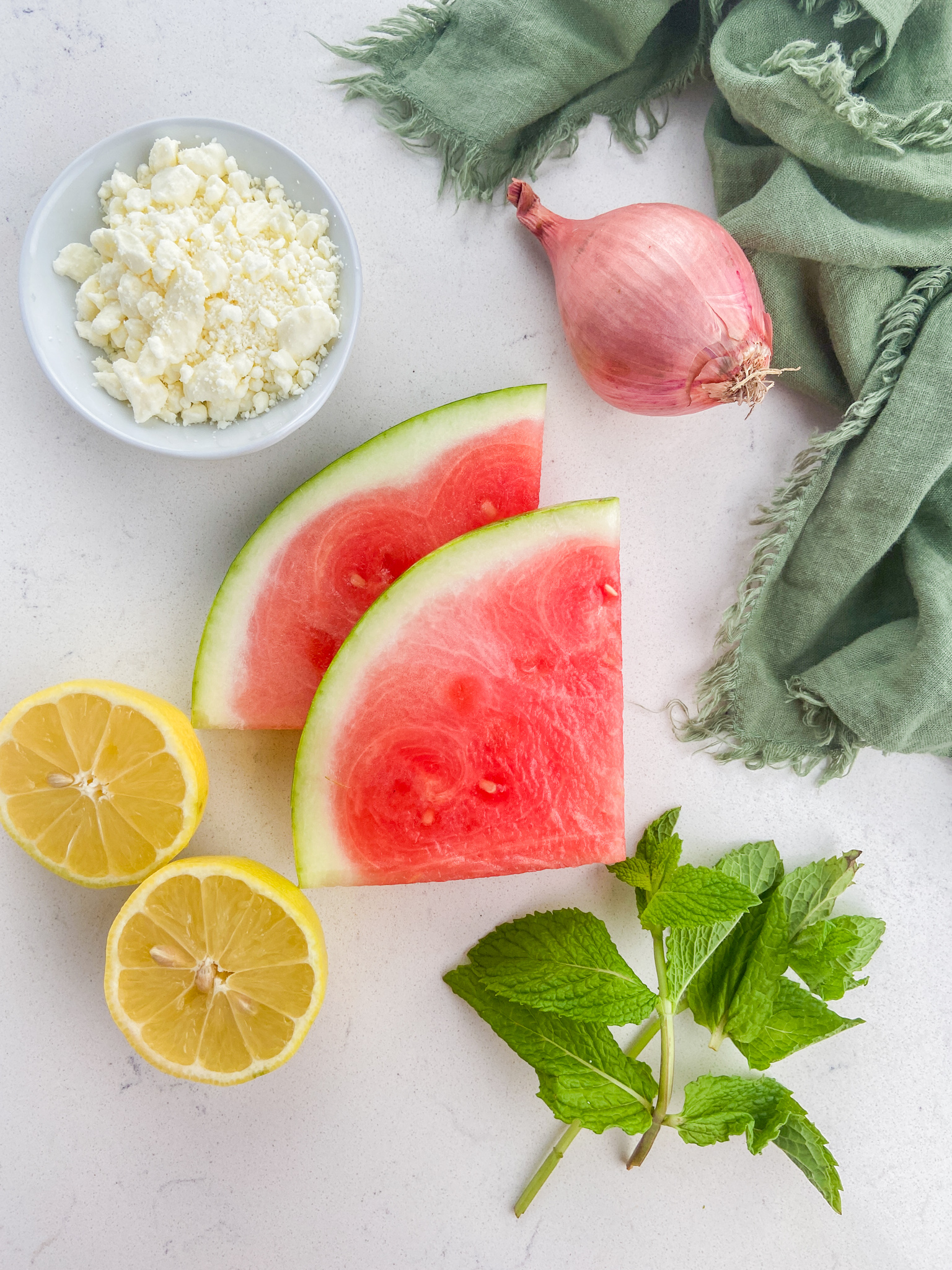 Overhead photo of watermelon feta salad ingredients. 