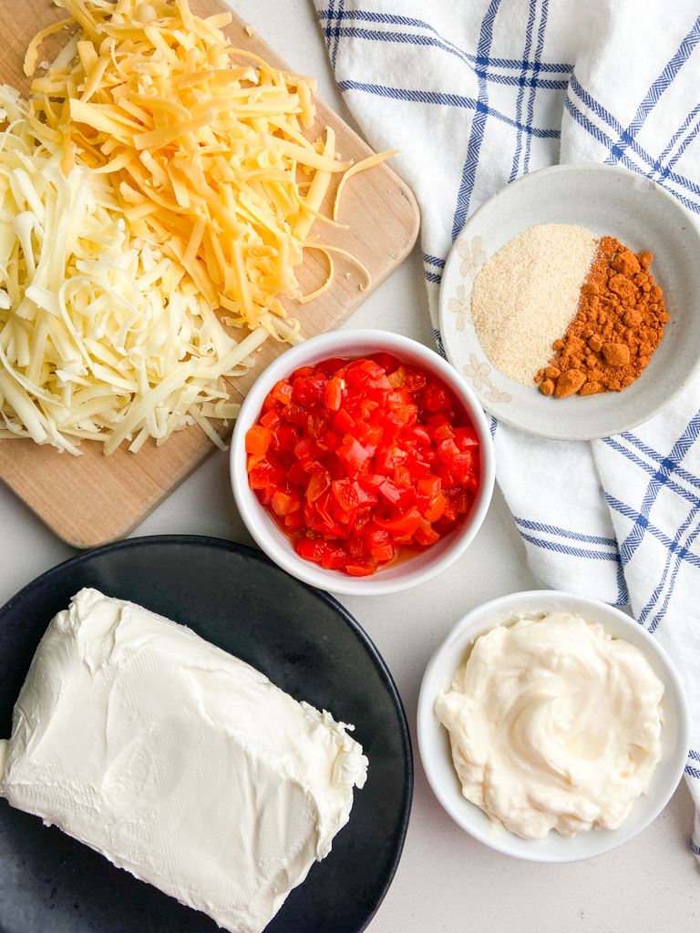 Overhead photo of ingredients needed to make pimento cheese. 