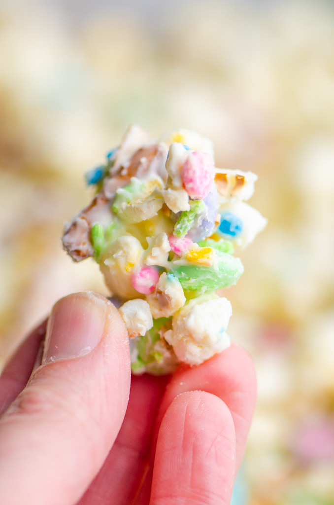 White chocolate popcorn mix cluster.