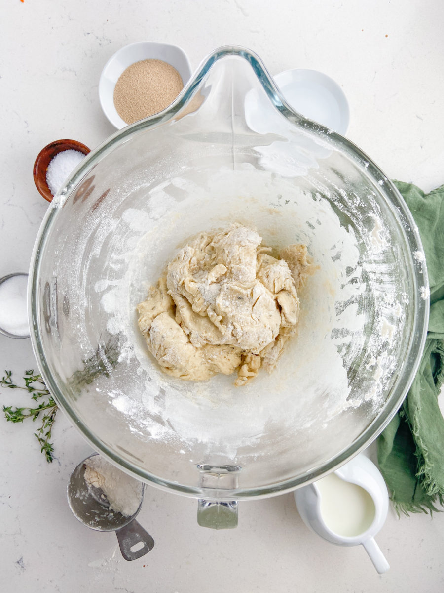 Dough in glass bowl. 