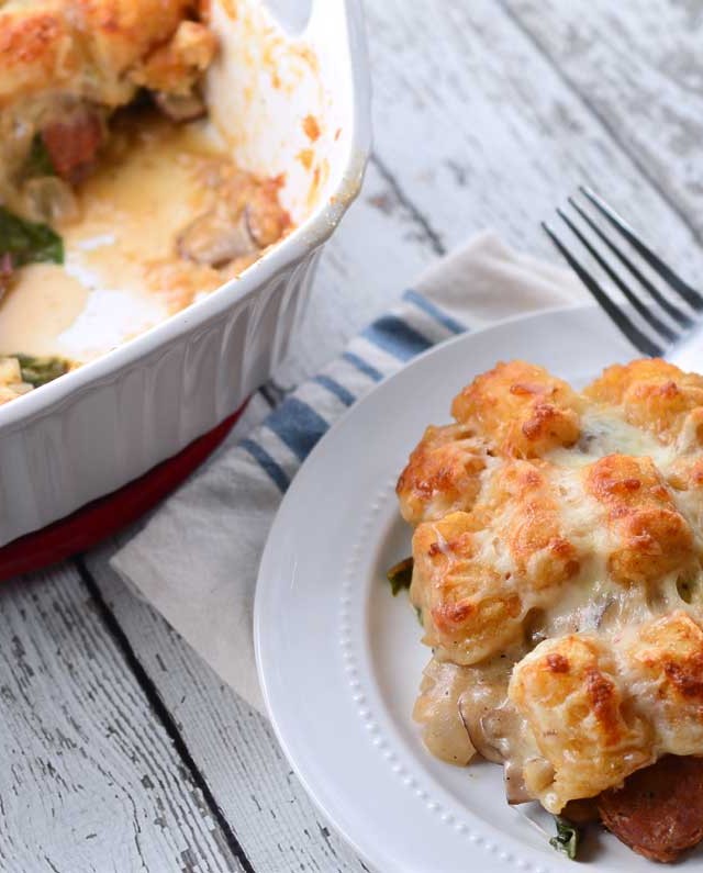 Andouille and Chard Tater Tot Casserole
