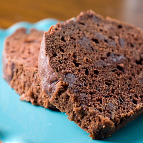 Chocolate chip zucchini bread on plate.