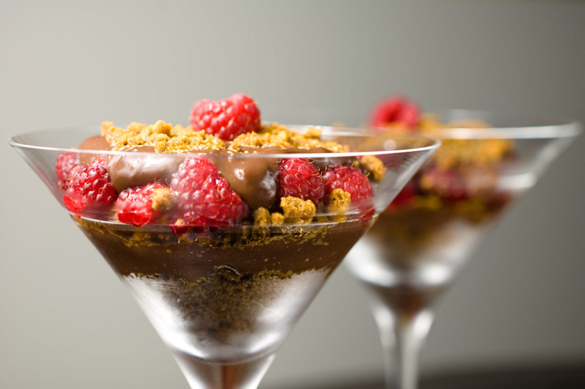 Chocolate Pudding with Raspberries and Gingersnaps
