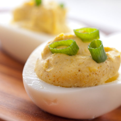 Close up on curried deviled egg