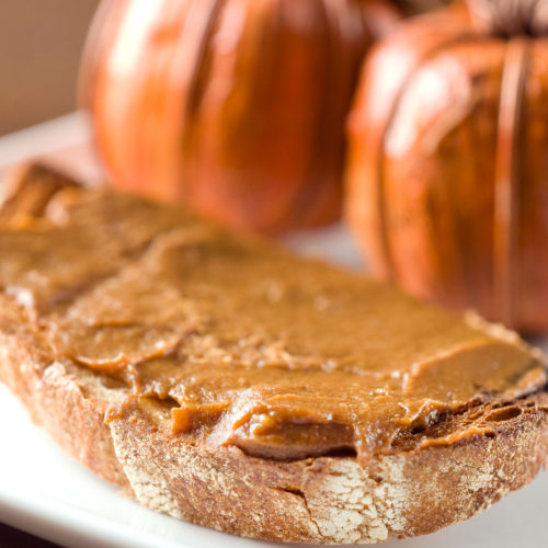bread with pumpkin butter on plate.