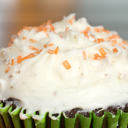 Close up of top of dark chocolate pumpkin cupcake.