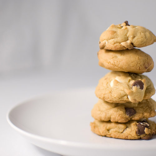 Stacked double chocolate chip cookies.