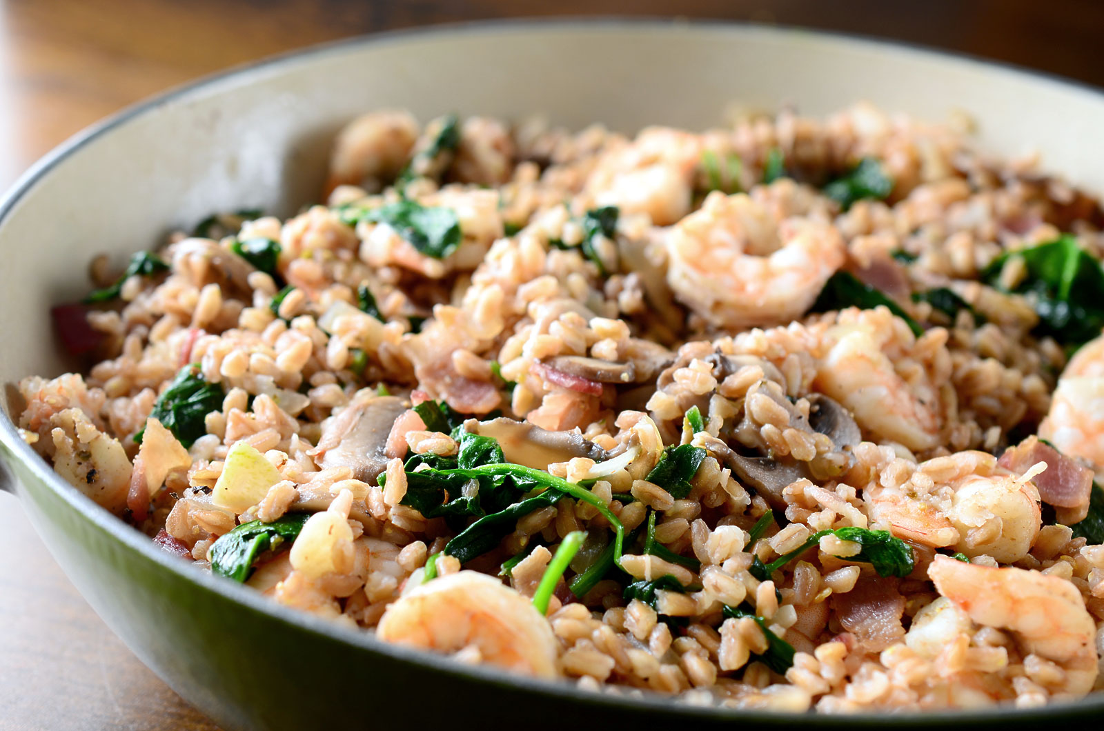 Farro with Shrimp, Bacon, Mushrooms and Spinach