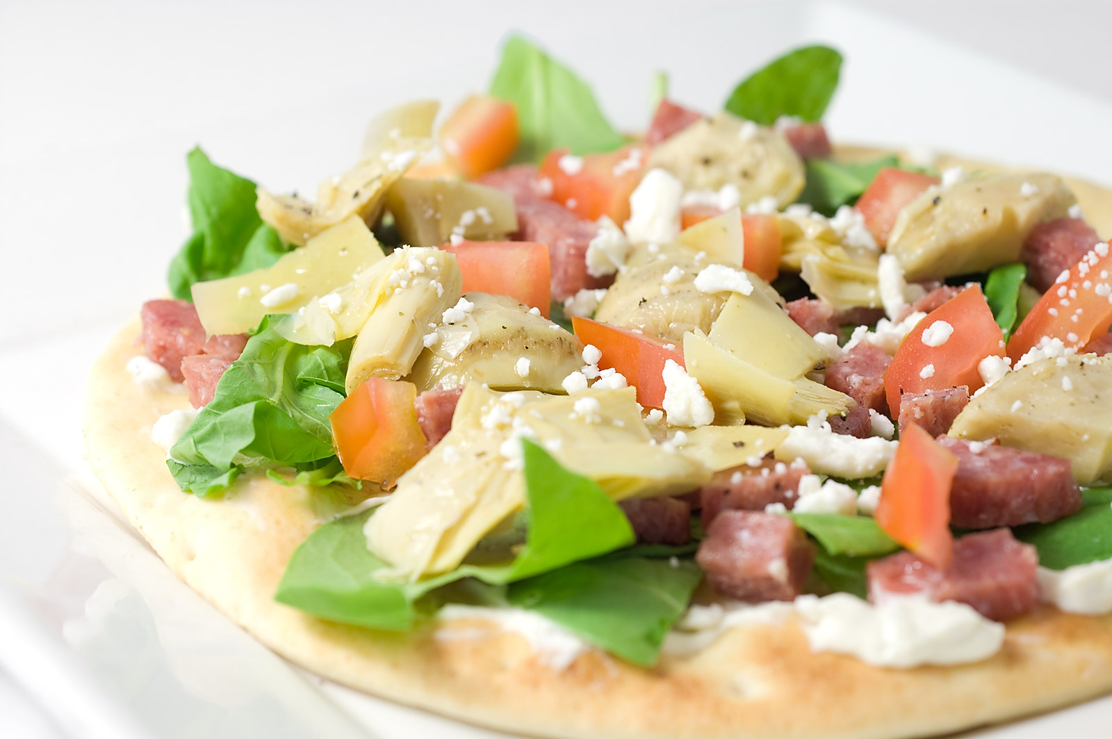 Flat Bread Pizza with Salami and Arugula