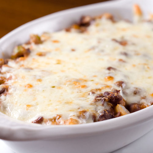 Hot black bean dip in baking dish.