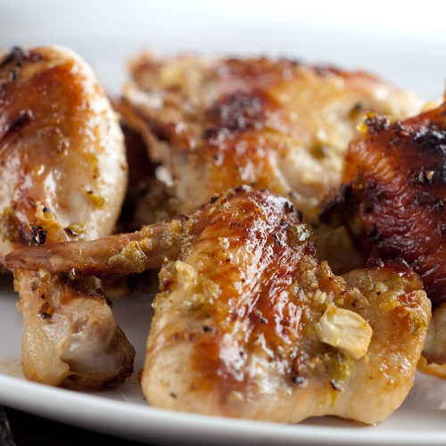 Jalapeno lime chicken on white plate.