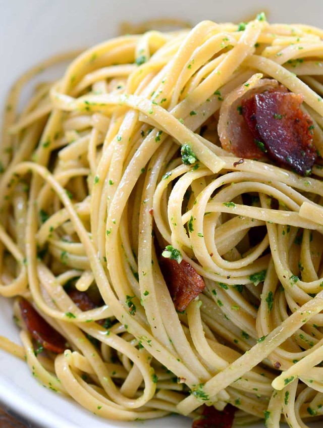 Kale Pesto and Bacon Pasta