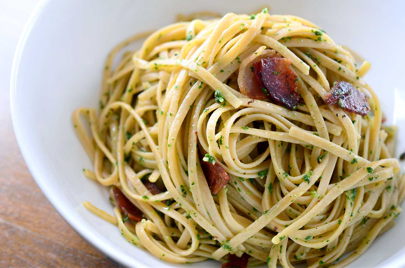 Kale Pesto and Bacon Pasta