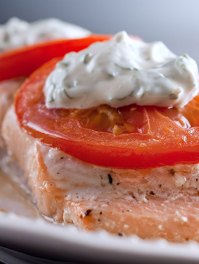 Baked Salmon with Basil Mayonnaise and Tomatoes