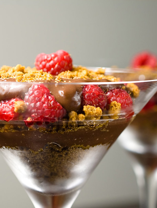 Chocolate Pudding with Raspberries and Gingersnaps