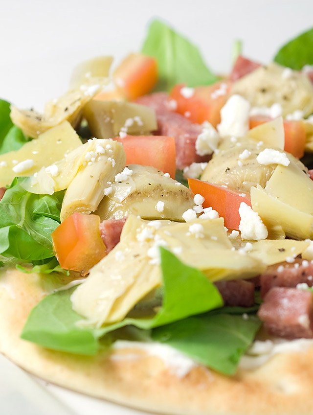 Flat Bread Pizza with Salami and Arugula