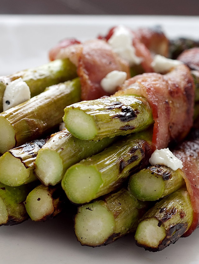 Bacon Wrapped Asparagus with Goat Cheese Crumbles