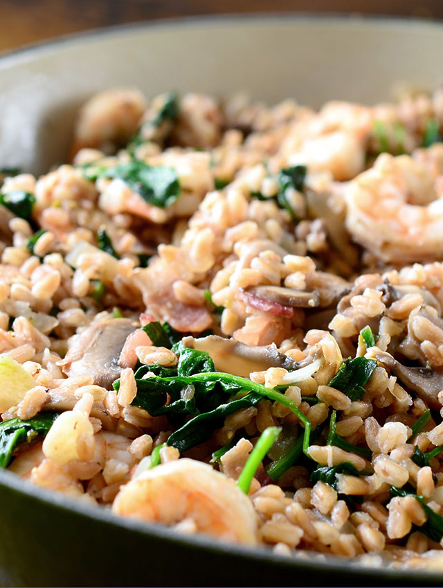 Farro with Shrimp, Bacon, Mushrooms and Spinach