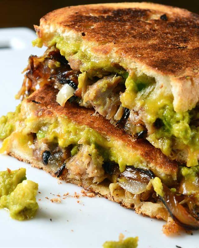 Pulled Pork and Sriracha Guacamole Grilled Cheese