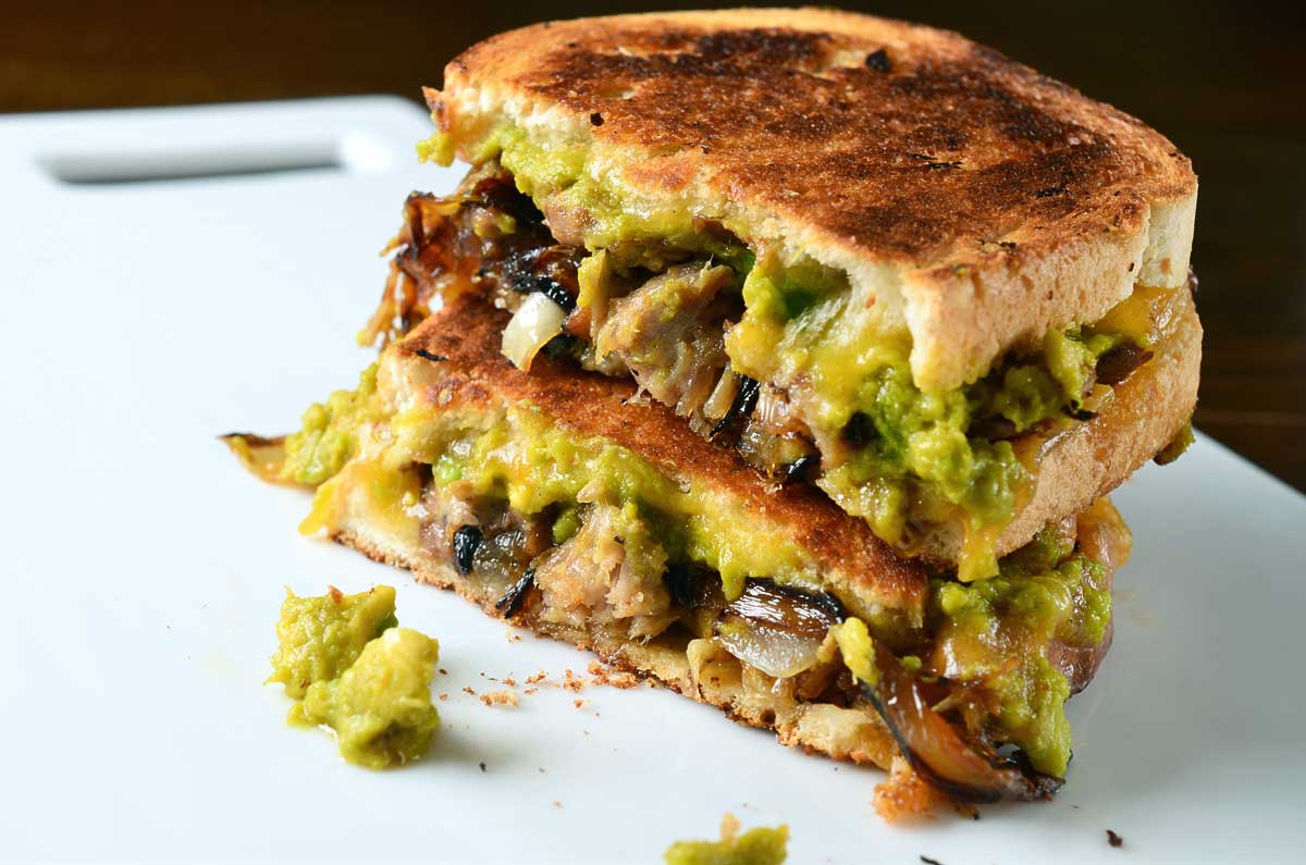 Pulled Pork and Sriracha Guacamole Grilled Cheese