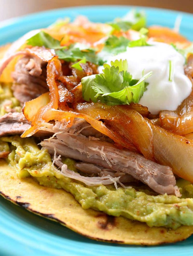 Pulled Pork Tostada with Chipotle Caramelized Onions