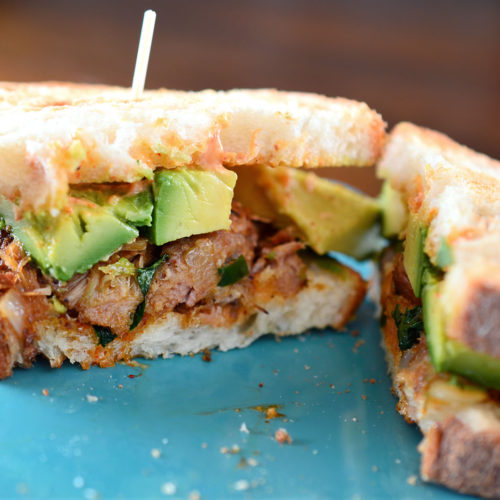 spiced pork sandwich on plate.