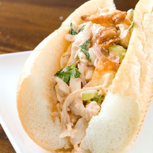 sriracha chicken salad on roll.