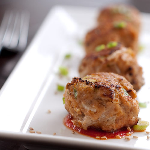 Sriracha Turkey Meatballs on white plate.