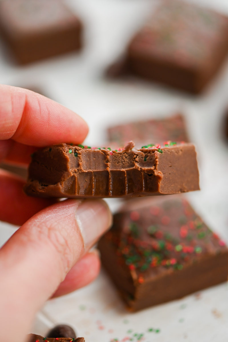 Marshmallow Fluff Fudge with a bite taken out.