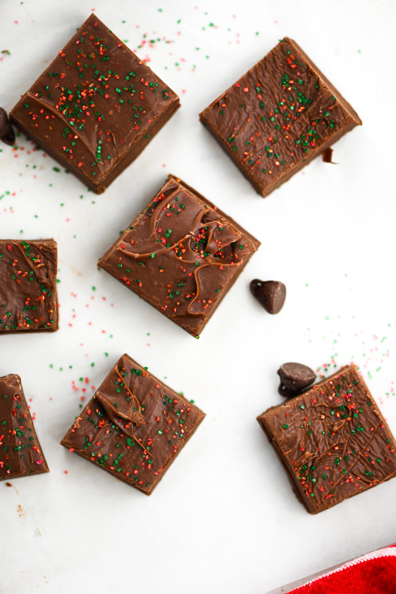 Pieces of fudge on parchment paper. 