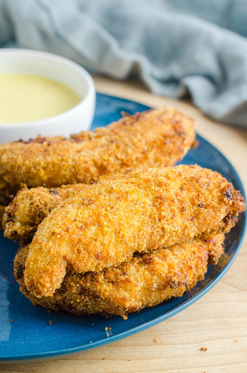 A stack of air fryer chicken tenders. 