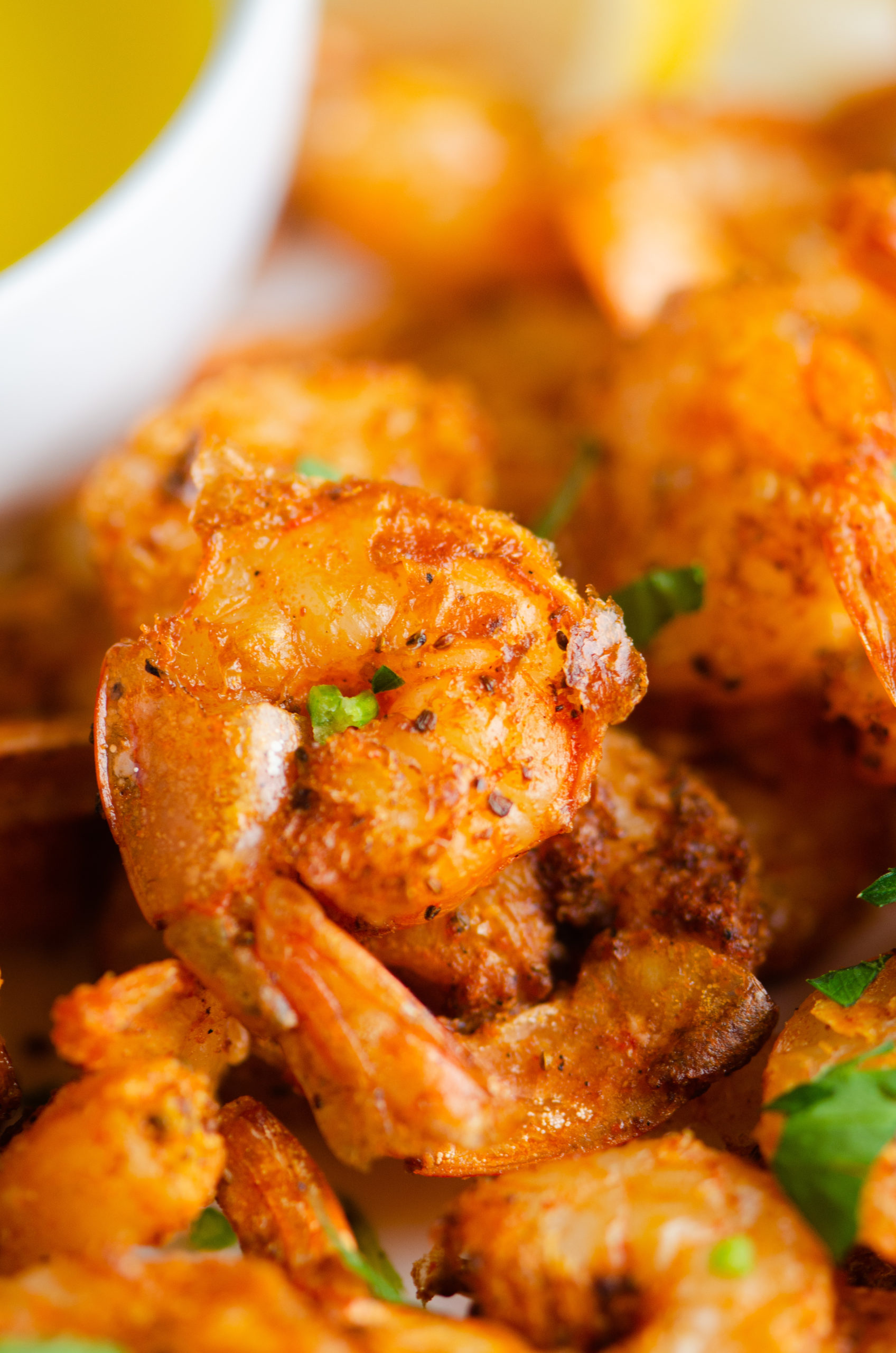 Close up of air fryer fried shrimp. 