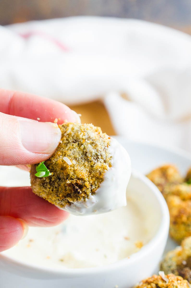 Dip fried mushrooms in garlic aioli