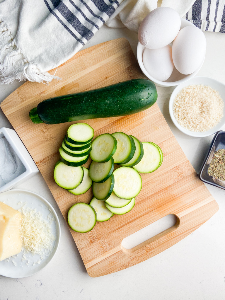 Overhead photo of ingredients needed to make air fryer zucchini chips. 