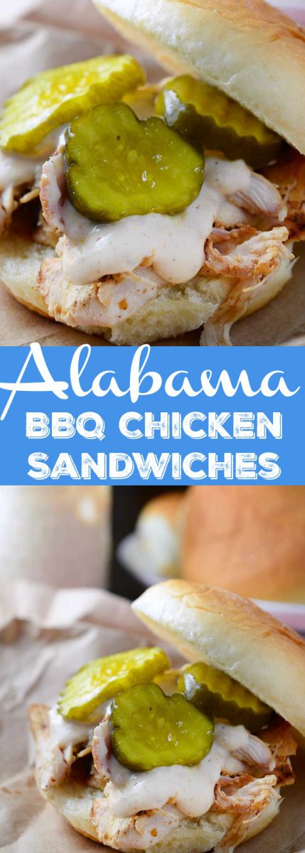 Chicken marinated in Alabama BBQ sauce, grilled, shredded and topped with more Alabama BBQ and bread and butter pickles. The perfect summer sandwich!