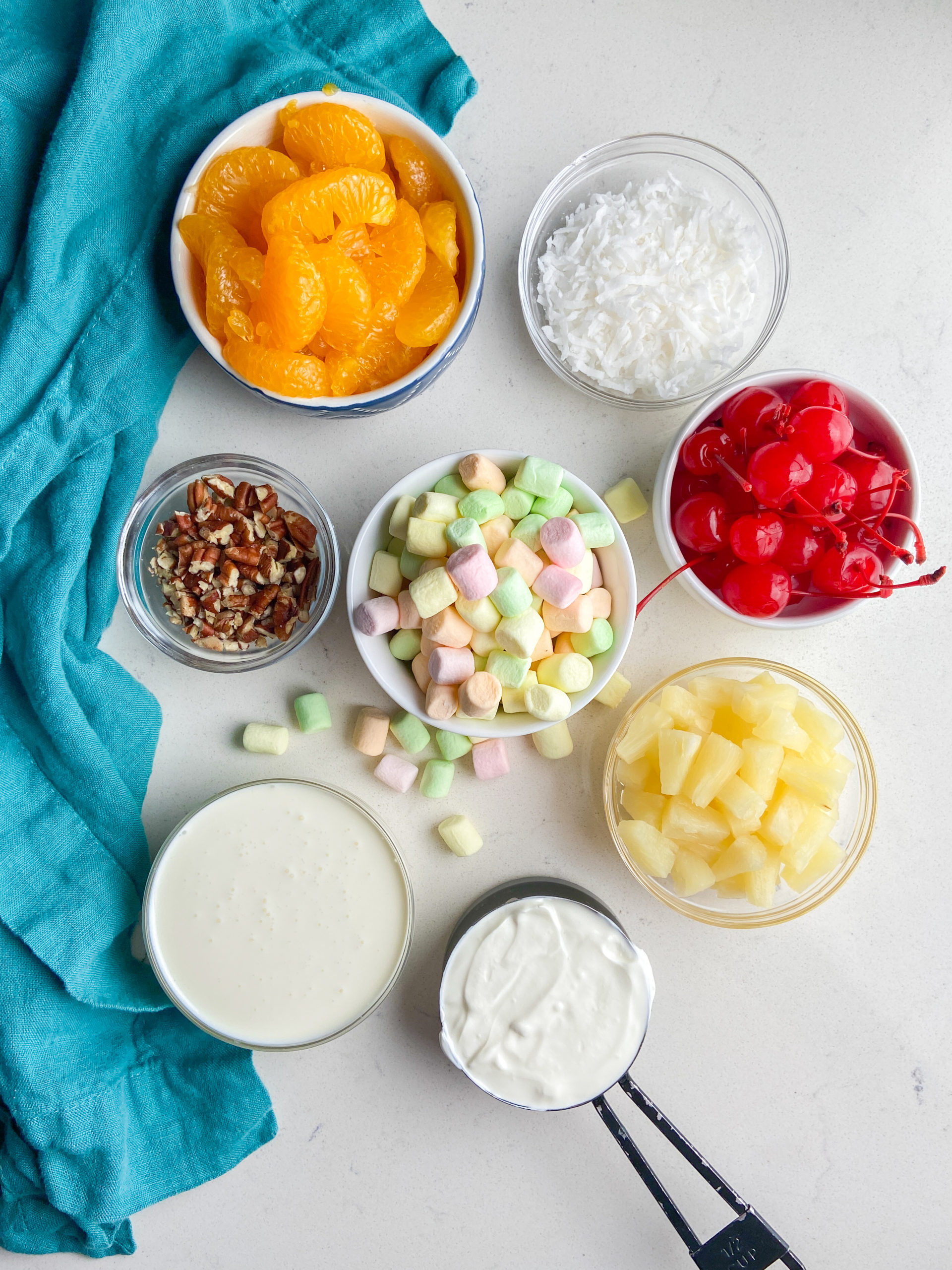 Ingredients for ambrosia salad overhead. 