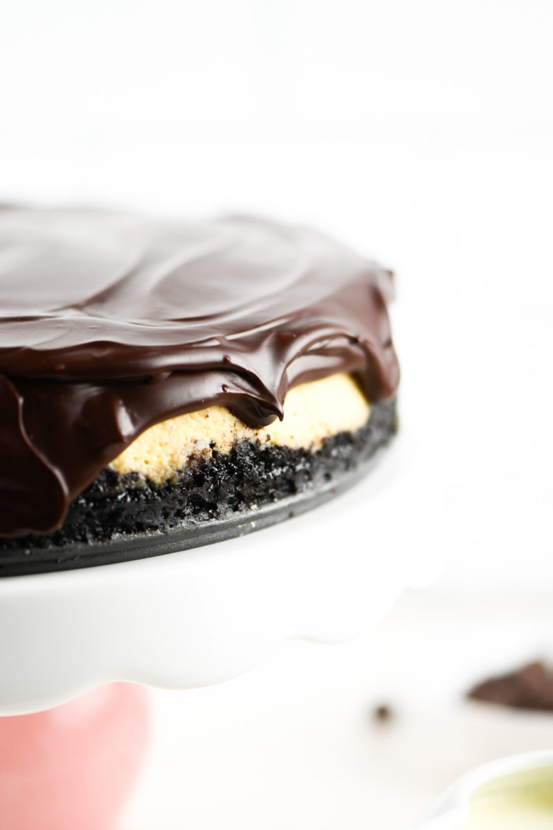 Baileys cheesecake with ganache drizzled on top. 