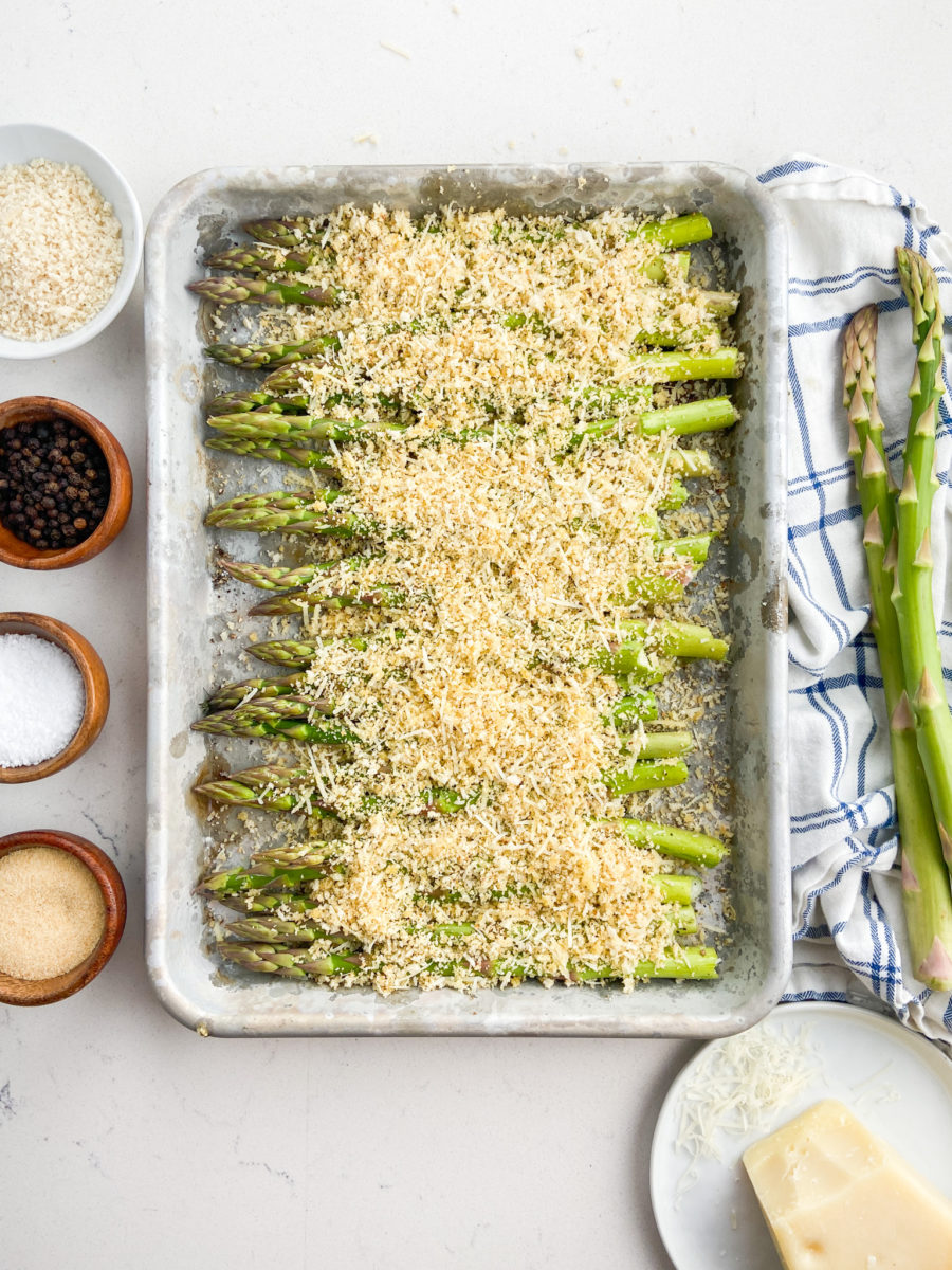 Asparagus topped with breadcrumbs. 