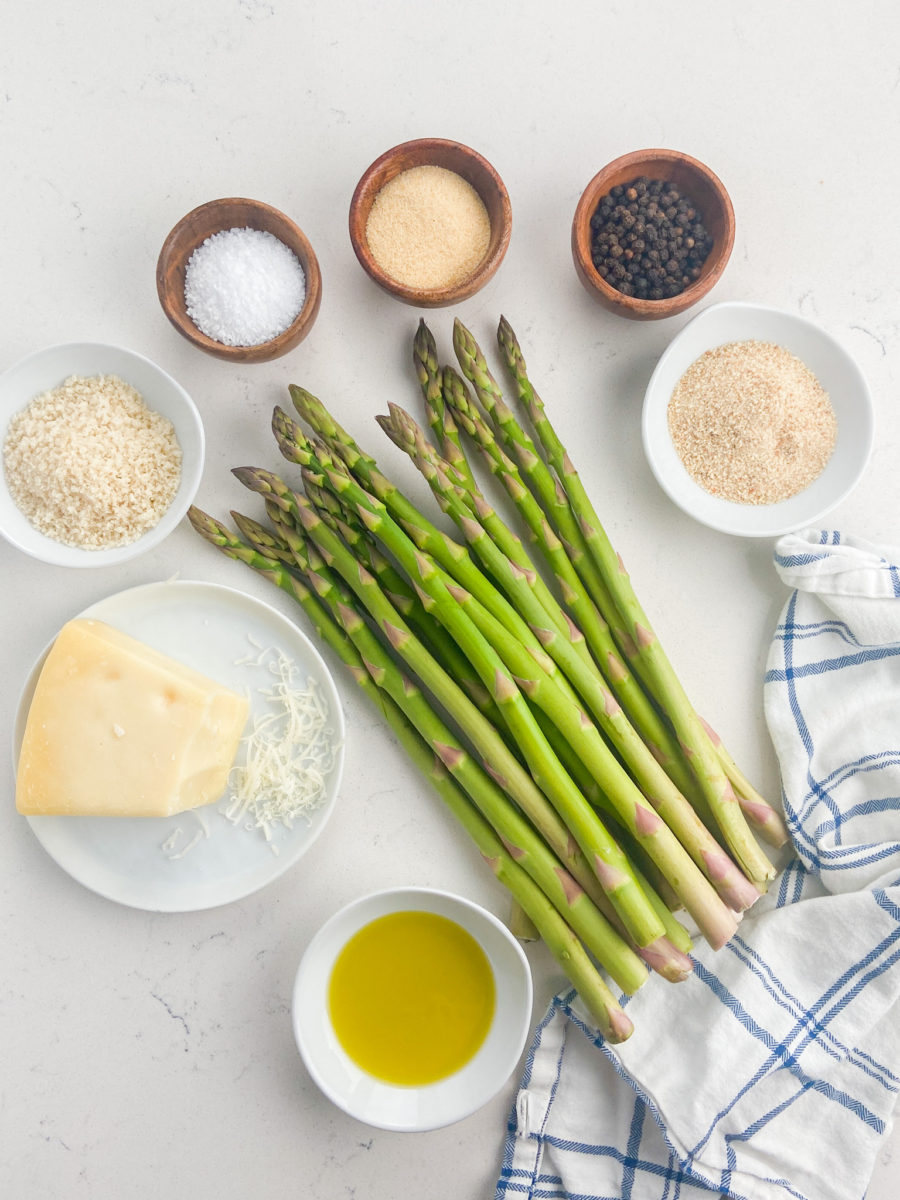 Baked Asparagus ingredients on white background. 