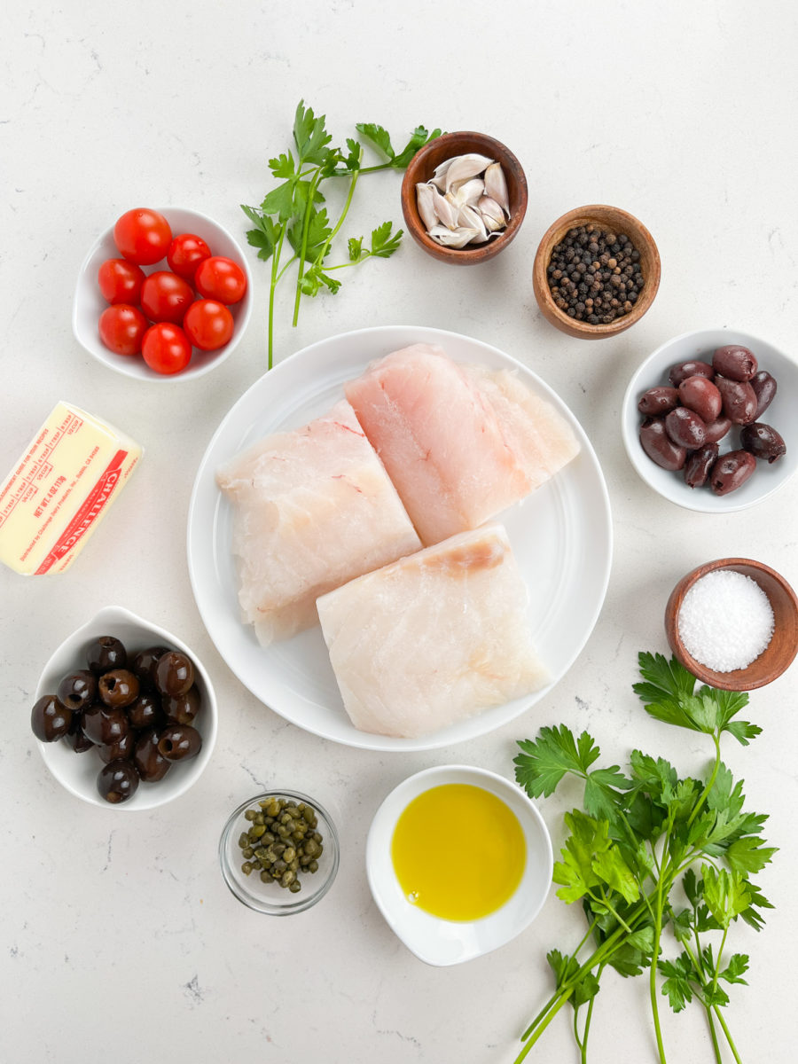 Baked Bruschetta Cod ingredients on white background. 