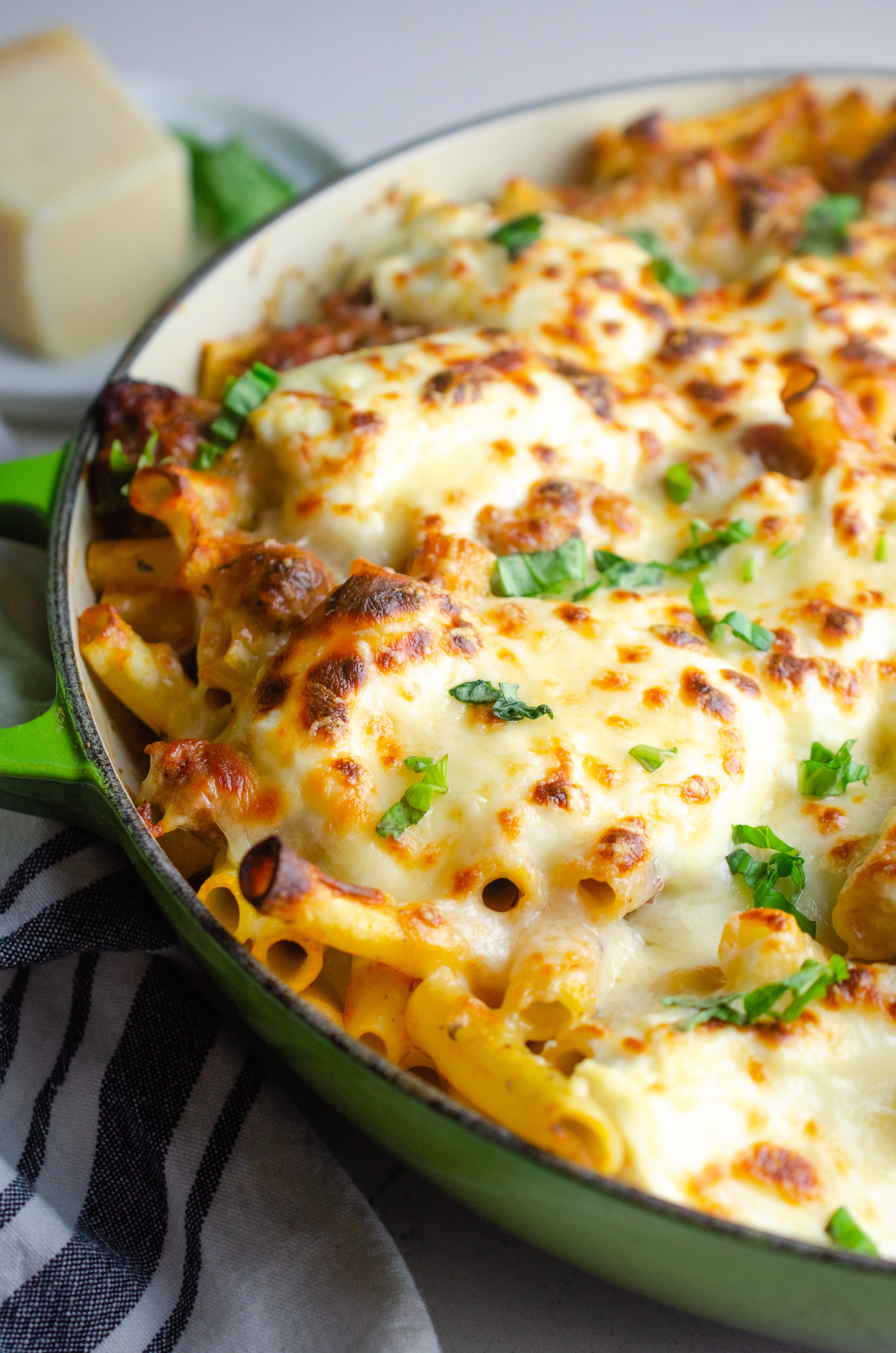 Side angle photo of baked ziti