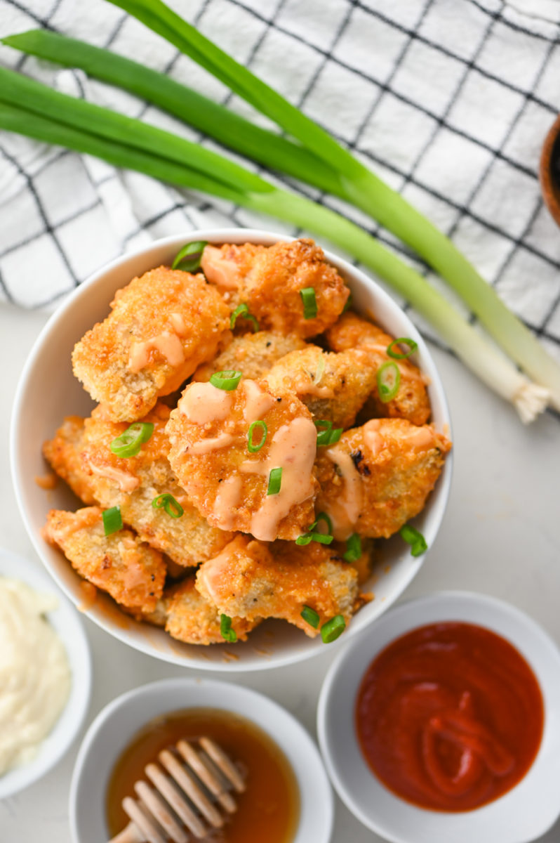 Overhead photo of bang bang chicken in white bowl.