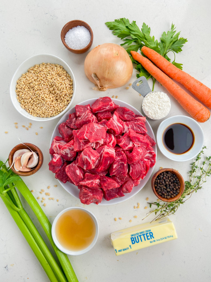 Beef barley soup ingredients. 