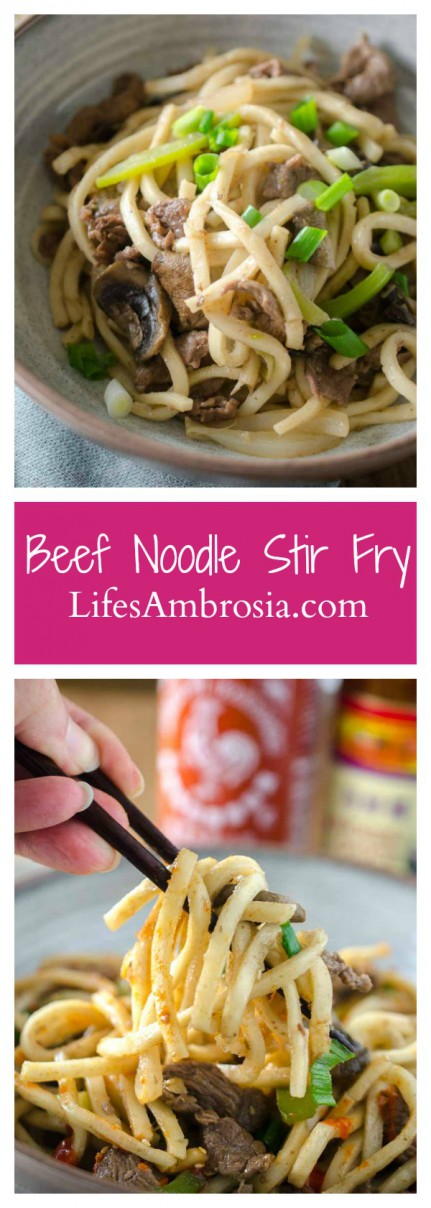 Beef noodle stir-fry is one of my favorite comfort foods. It is loaded with thinly sliced beef, peppers, mushrooms, onions and udon noodles.